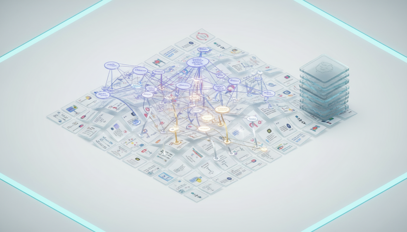 High‑detail isometric 3D illustration of Context Fabric and provenance: a woven translucent fabric formed from tiny document thumbnails and conversation bubbles, overlaid by a glowing knowledge graph of nodes and edges (no labels) with thin provenance ribbons that visibly link specific claim nodes back to source document snippets, an adjacent stack of sealed ledger plates representing the audit trail, clinical white backdrop, subtle cyan edge lighting ~12%, professional modern style emphasizing persistent context and traceable provenance, 16:9 aspect ratio