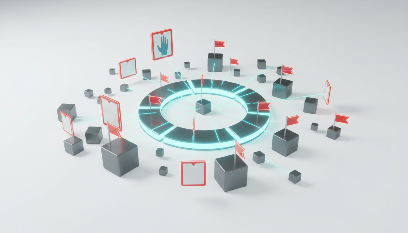 Cinematic 3D dashboard vignette visualizing Consensus Scoring and Dissent Logging: central segmented luminous ring with proportional lit segments (no numbers), surrounded by weighted model tokens of varying sizes to imply model weights, dissent entries shown as small pinned cards with contrasting red‑edged flags and tethered rationale threads pointing to contested ring segments, a paused stop/interrupt hand silhouette over one token to imply governance control (no text), consistent cyan accenting, white background, professional modern aesthetic, this image uniquely depicts consensus mechanics and dissent trails, 16:9 aspect ratio