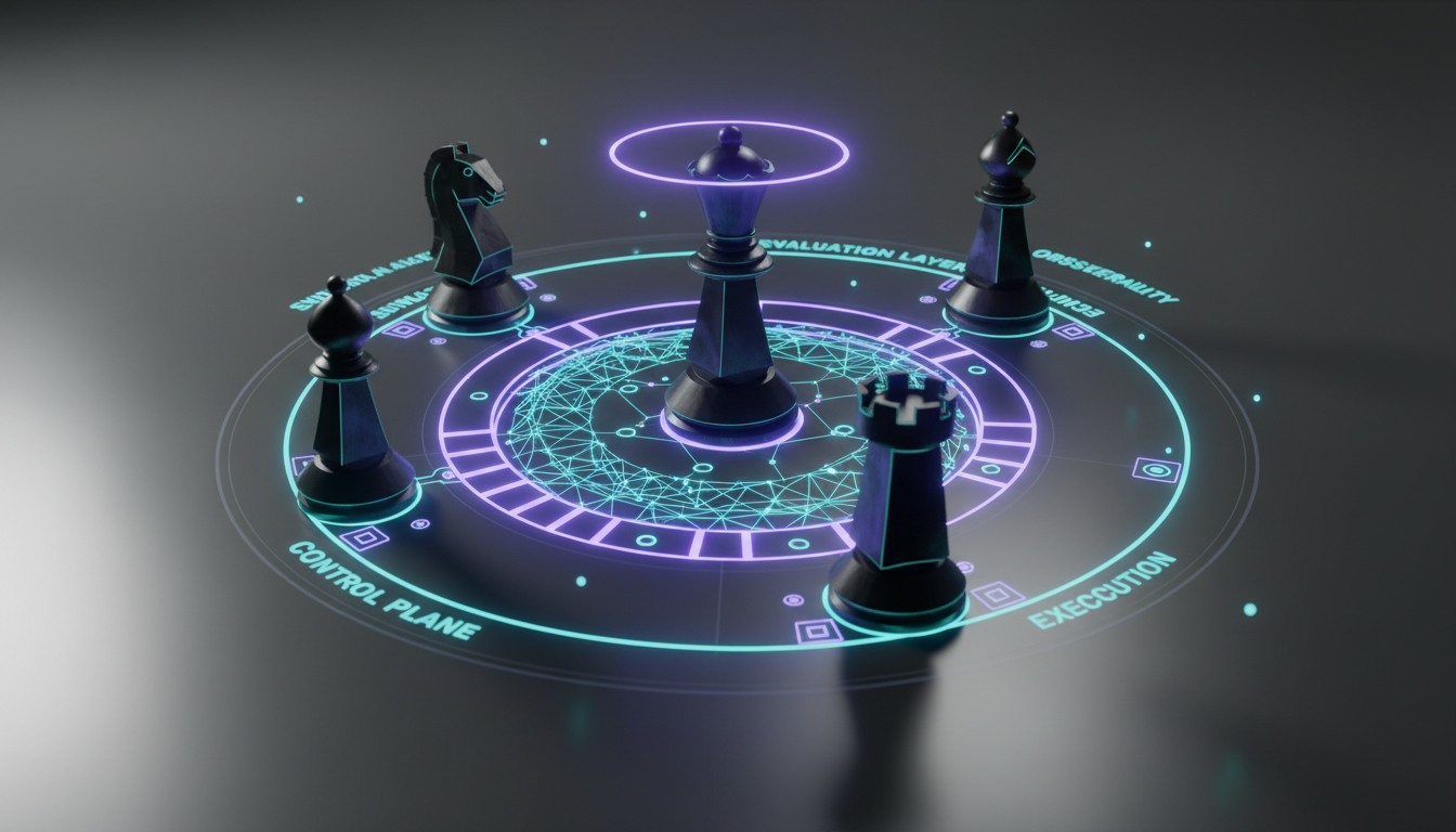 Reference Architecture — cinematic, ultra-realistic 3D render of five modern, monolithic chess pieces (matte black obsidian a