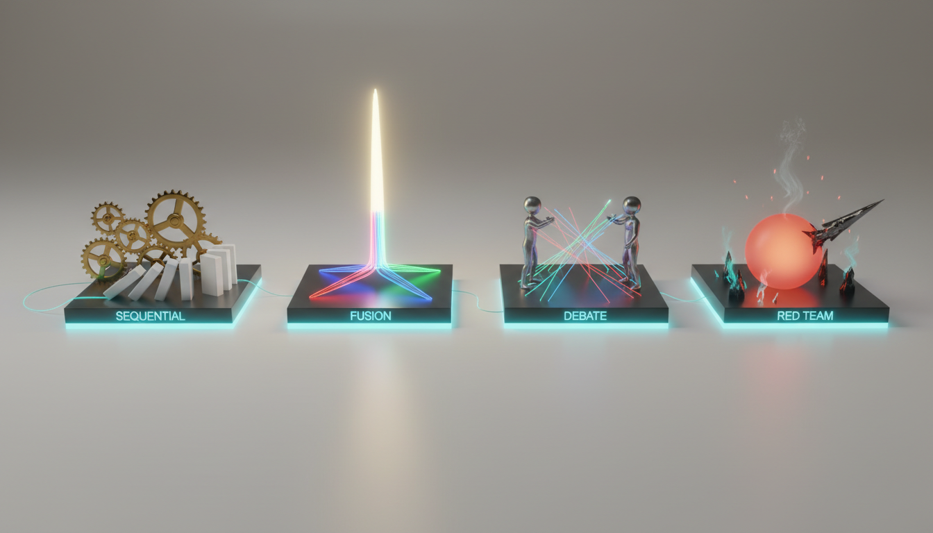 A conceptual, tabletop photorealistic scene that visualizes orchestration modes as four distinct miniature dioramas on separate illuminated tiles: sequential shown as linked brass gears and a small domino chain, fusion as three colored light streams merging into one brighter beam, debate as two figurines facing each other with crossing light threads, red team as a bright orb being probed by a dark spike with small sparks — polished miniatures on a neutral white surface, consistent studio lighting, connectors and subtle cyan (#00D9FF) accent glows across tiles, no text, professional modern photography, 16:9 aspect ratio