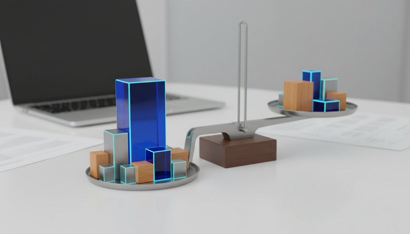 A close-up still-life representing the evaluation rubric: a refined balance scale on a white desk holding stacked geometric blocks of varying sizes and materials (glass, metal, wood) to imply weighted criteria, one noticeably larger block dominates the scale to signal the highest-weighted dimension (orchestration modes), smaller blocks arranged around it; shallow depth of field with a softly blurred laptop and papers in the background, subtle cyan (#00D9FF) edge lighting on block edges (10–20% accent), no text, professional modern photography, 16:9 aspect ratio