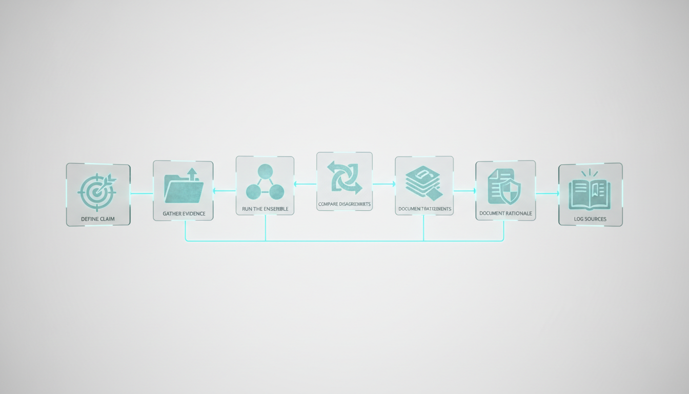 An aerial-style studio composition visualizing the six-step decision validation workflow: six floating translucent glass tiles arranged in a gentle arc, connected by thin luminous lines; each tile contains a simple pictorial motif (target/marker for define claim, folder/upload for gather evidence, three glowing spheres for run the ensemble, opposing arrows for compare disagreements, stacked documents with a shield for document rationale, an open logbook motif for log sources) — iconographic shapes only, no text or numbers; soft white background, consistent cyan (#00D9FF) highlights on connectors and tile rims, professional modern photography, 16:9 aspect ratio