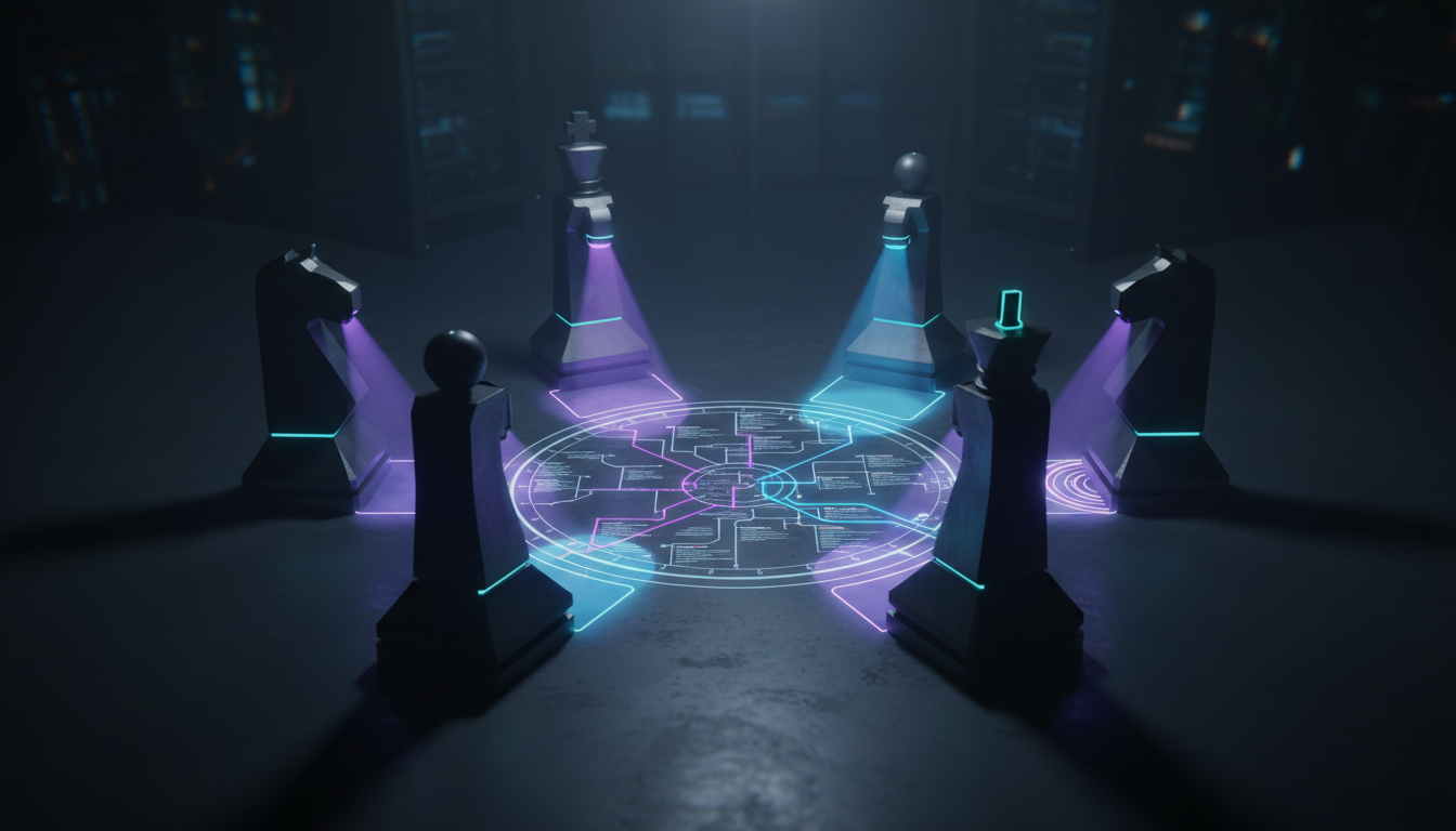 A cinematic, ultra-realistic 3D render of five modern, monolithic chess pieces encircling a circular clinical workflow map. T