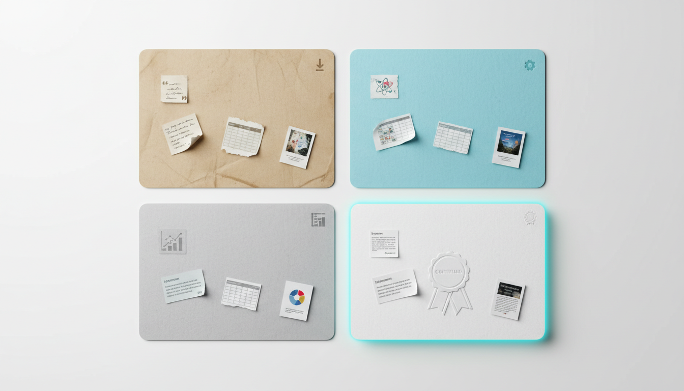 Staged overhead photo that visualizes the four-part credibility structure: four distinct paper cards arranged in a tight square (top-left: a worn problem card with a small downward arrow icon, top-right: a solution card with a tiny gear symbol, bottom-left: a results card with an abstract bar glyph, bottom-right: a validation card with a certified ribbon badge) — each card layered with physical tokens representing evidence (a tiny printed quote slip, a spreadsheet corner, and a third-party research thumbnail) with the validation card slightly elevated to show hierarchy; subtle cyan (#00D9FF) edge highlights on the validation card (about 10% accent), clean white background, professional modern photography, no readable text or labels, 16:9 aspect ratio