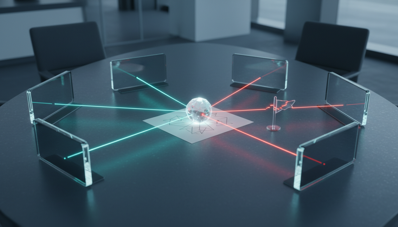 A modern 'AI boardroom' desk scene in photographic style: five slim tablets or glass cubes arranged semicircularly on a table, each emitting a faint distinct glow that projects thin light beams toward a central translucent node sitting on a printed claim card (no words) — some beams converge brightly, one beam appears dashed or fragmented to indicate disagreement, a small red-tinted 'skeptic' marker (abstract flag-like token) sits beside the dashed beam implying Red Team scrutiny; overall lighting is cool and professional with cyan (#00D9FF) used as a consistent accent across the converging beams (10–15%), no visible text or UI labels, conveys multi-model validation and debate mode, 16:9 aspect ratio