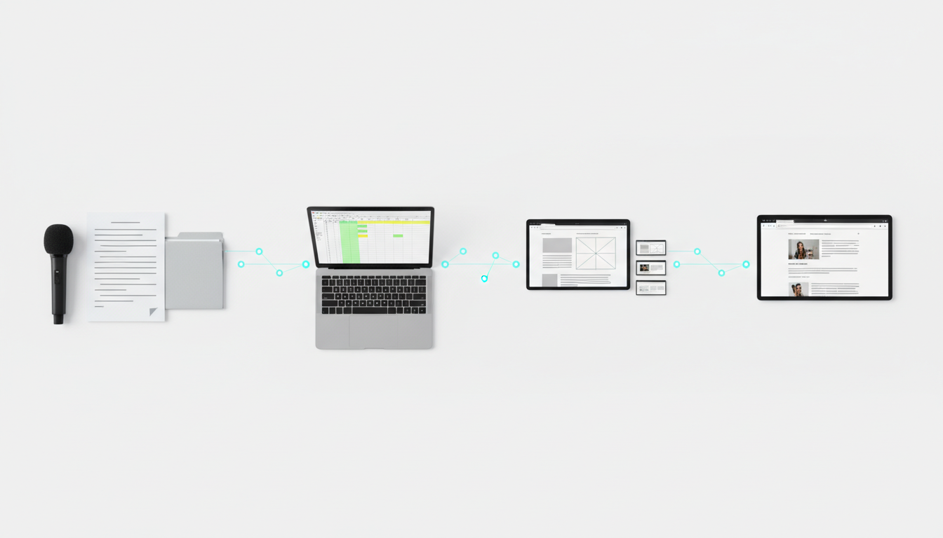 Clean, organized workflow flatlay showing a left-to-right sequence: handheld interview microphone and a printed transcript (left), a spreadsheet with highlighted cells (center-left), a designer's layout mockup and slide thumbnails (center-right), and a browser preview of a web article (right) — the items are connected by subtle translucent light trails and small cyan (#00D9FF) waypoint dots that show automated propagation from source to multi-asset output; include a sealed envelope or consent folder tucked under the transcript to visually signal consent tracking, modern professional photographic look, white background, no readable text or labels, 16:9 aspect ratio
