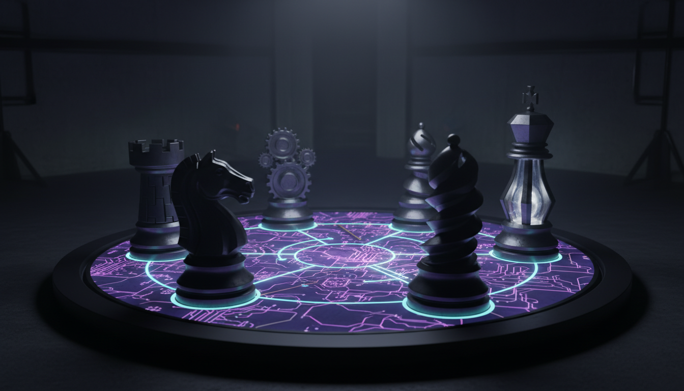 Defining the Orchestration Category visual: four of the five monolithic chess pieces occupy cardinal positions around the cir