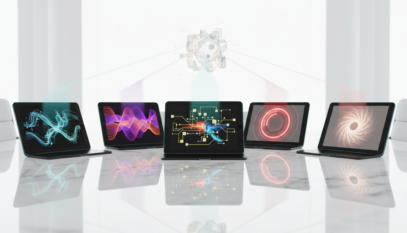 Ensemble and orchestration scene for 'Ensemble and Orchestration Methods That Reduce Bias' — Top-down view of a polished boardroom table with five sleek tablets placed in a semicircle; each tablet displays a different abstract visual language (distinct particle streams, waveform patterns, logical node diagrams) composed as artful, text-free screens. Light beams (one cyan accent) emerge from each tablet and intersect into a floating, semi-transparent holographic synthesis object above the table that resembles a weighted consensus core. One tablet subtly shows two opposing color streams meeting (debate mode), another includes a probing magnified ripple (red-team challenge). Professional modern photographic composite, bright white environment, cyan accent lighting used sparingly to tie to brand, no text, 16:9 aspect ratio