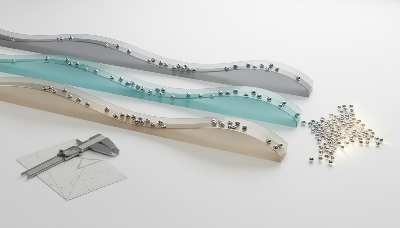 Scenario planning and sensitivity analysis visualization — Photorealistic studio composite of an analyst's white tabletop where three suspended translucent volumetric layers (soft grey = bear, muted cyan = base, warm silver = bull) arc across the scene like three semi-transparent ribbons. Hundreds of tiny glass beads flow along curved trajectories through the ribbons (visual metaphor for thousands of Monte Carlo iterations) and collect into a subtle probability-density pool at the far edge. A calibrated analytic caliper and a printed parameter card (no legible text) sit nearby to suggest configurable inputs; overall lighting is clean and clinical with restrained cyan highlights, no text, 16:9 aspect ratio