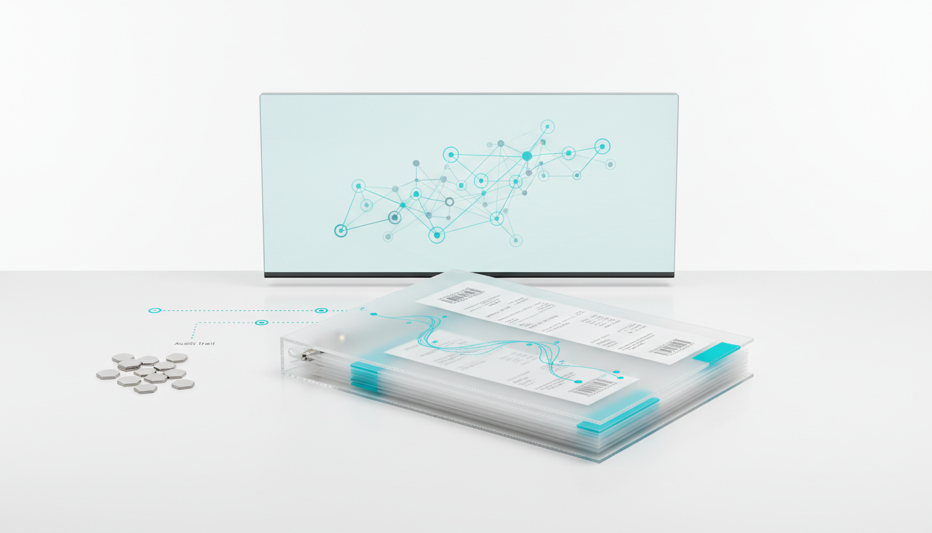 Data integration, context management, and audit trails — Studio still life showing a neat evidence pack made of translucent pages and a clear binder resting on a white desk; behind it a shallow digital display shows a stylized knowledge graph of nodes and connecting edges rendered in cyan and soft graphite tones (no text). Layered over the binder are semi-transparent timestamped receipts and a faint chain-of-thought ribbon (abstract lines and numbered dots as graphic elements, but no readable text), and a subtle audit trail of breadcrumb icons leading from raw data chips (small metallic tokens) to the graph. Professional modern photography with controlled soft lighting, white background, consistent cyan accents at 10–20%, no text, 16:9 aspect ratio