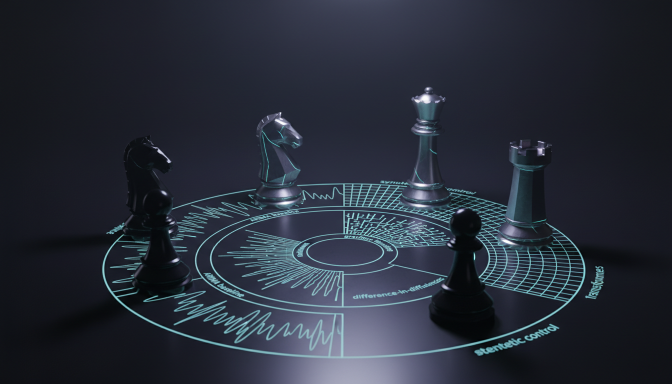 Cinematic, ultra-realistic 3D render of five modern, monolithic chess pieces arrayed around a circular map used for method se