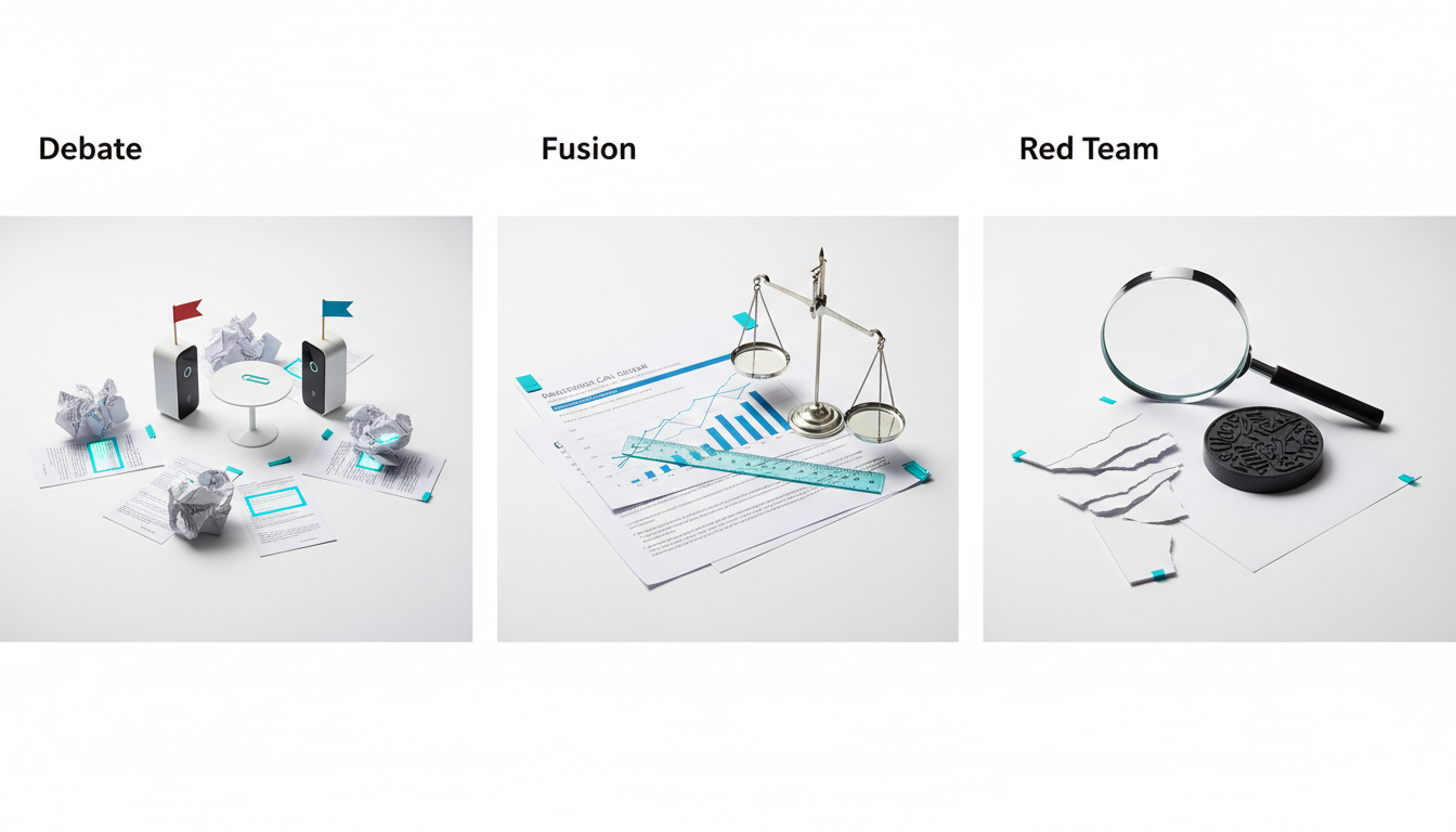 Studio photograph of three distinct tabletop scenes aligned left-to-right to represent orchestration modes: left scene (Debate) — two compact devices facing each other with opposing red/blue paper markers and scattered highlighted transcript pages; center scene (Fusion) — an overlayed composition of a printed earnings-call transcript sheet partially over a quantitative chart, with a translucent cyan ruler and a small weighted balance scale suggesting synthesis; right scene (Red Team) — a magnifying glass, torn assumption cards (no text), and a dark stamp-shaped pad signaling stress testing; all on a clean white backdrop with consistent soft directional lighting, cyan used as subtle highlight color on clips and tabs, professional modern styling, no readable text, 16:9 aspect ratio