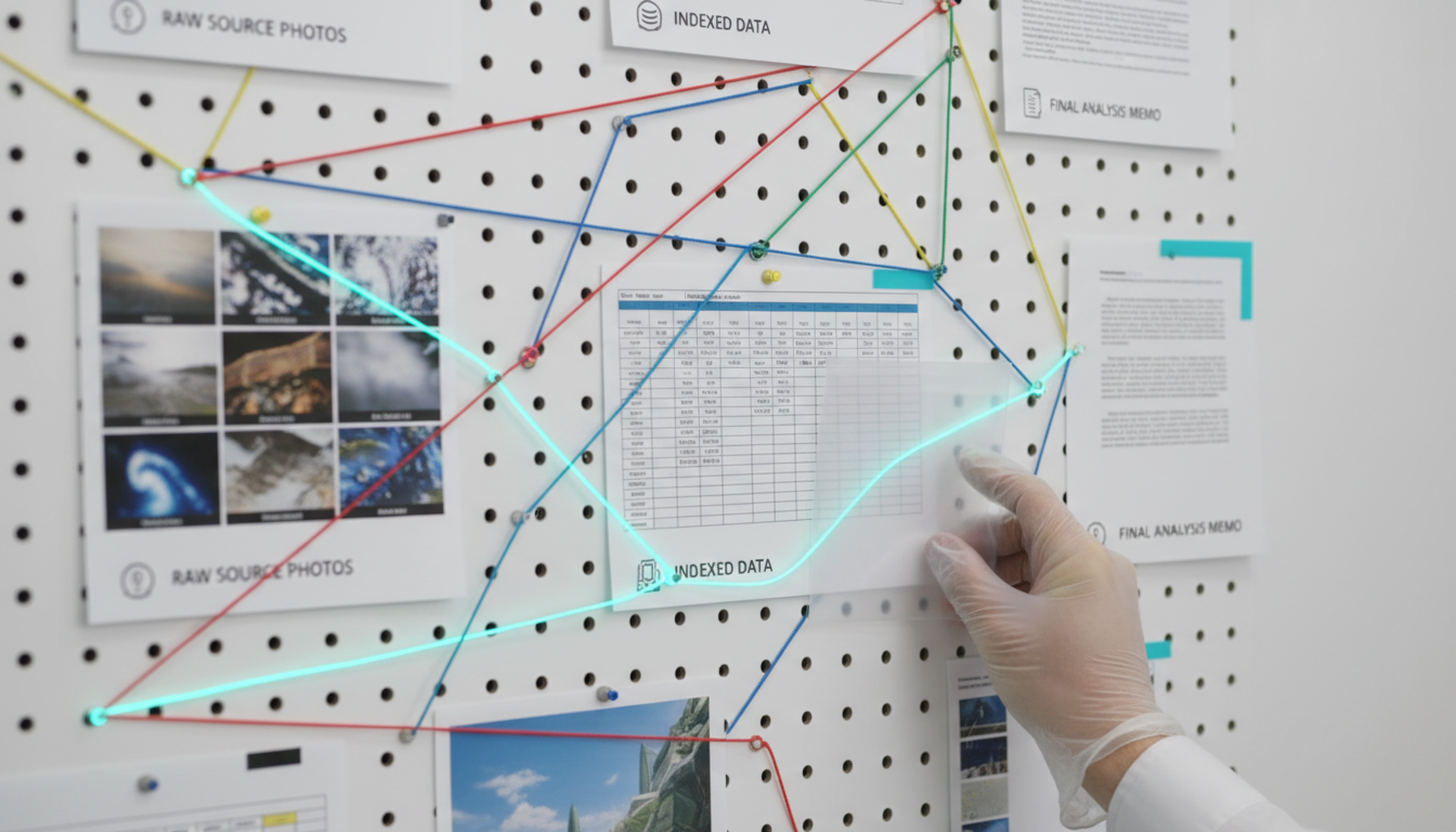 Close-up, shallow-focus image of a 'data lineage' workspace: a large board with physical printouts pinned and connected by colored string, the main chain highlighted in cyan string leading from raw source photos (satellite print), through an indexed spreadsheet printout, to a final memo print with cyan corner tab; a hand places a transparent archival sleeve over one print to suggest versioning and reproducibility; neutral white background, clinical clean lighting, modern professional photography, no visible text or legible dates, composition emphasizes provenance and audit trail, 16:9 aspect ratio