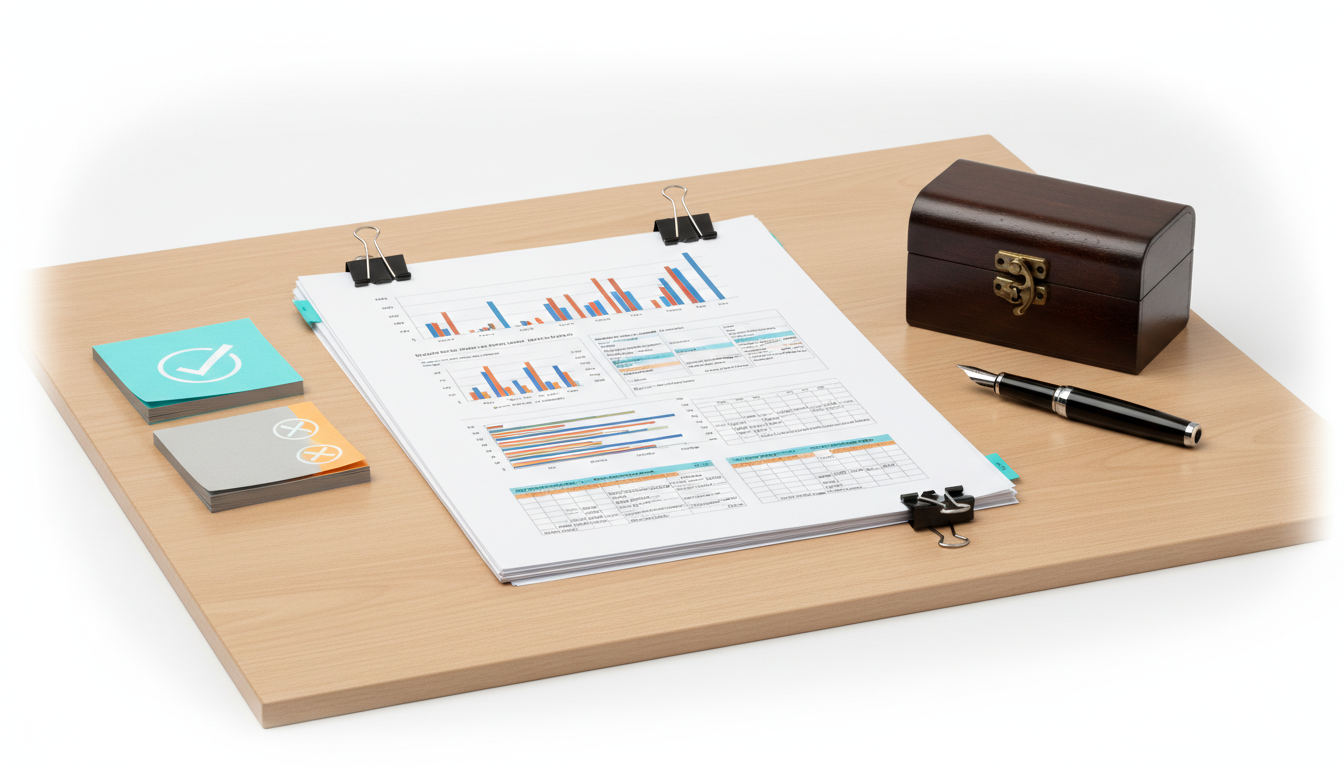 Analyst validation playbook desk: neatly arranged deliverables — printed SHAP-style bar plots and scenario comparison matrices (visual bars and charts only, no text), a ruled dissent-log pad represented by stacked colored note cards (cyan, gray, amber) with checkmark and cross icons (no words), a small locked archival box and a fountain pen to imply governance and formal sign-off; subtle cyan highlights on binder clips and one note card, soft studio lighting, professional modern still life on white background, communicates validation artifacts and escalation workflow, no readable text, 16:9 aspect ratio