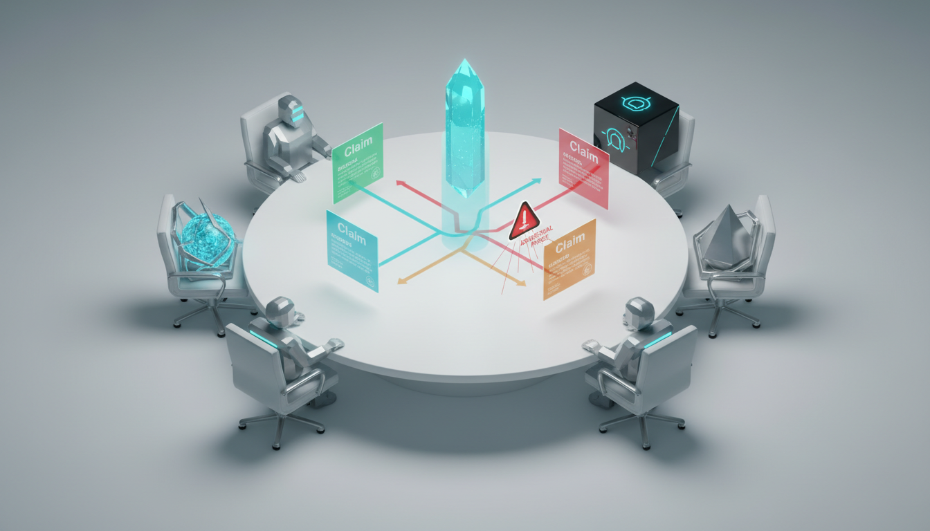 Validation through the 5-Model AI Boardroom (section-specific): Isometric scene of a round digital boardroom table where five stylized AI modules sit like delegates — each module projects a holographic claim-card into the center; colored debate ribbons (cyan, amber, red) crisscross above the cards to show challenge/verification flows, and a small adversarial probe (a red triangular ‘probe’ icon) points at one hologram to represent Red Team stress-testing. Clean white environment, professional modern illustration, subtle #00D9FF highlights (10–20%), no text, 16:9 aspect ratio