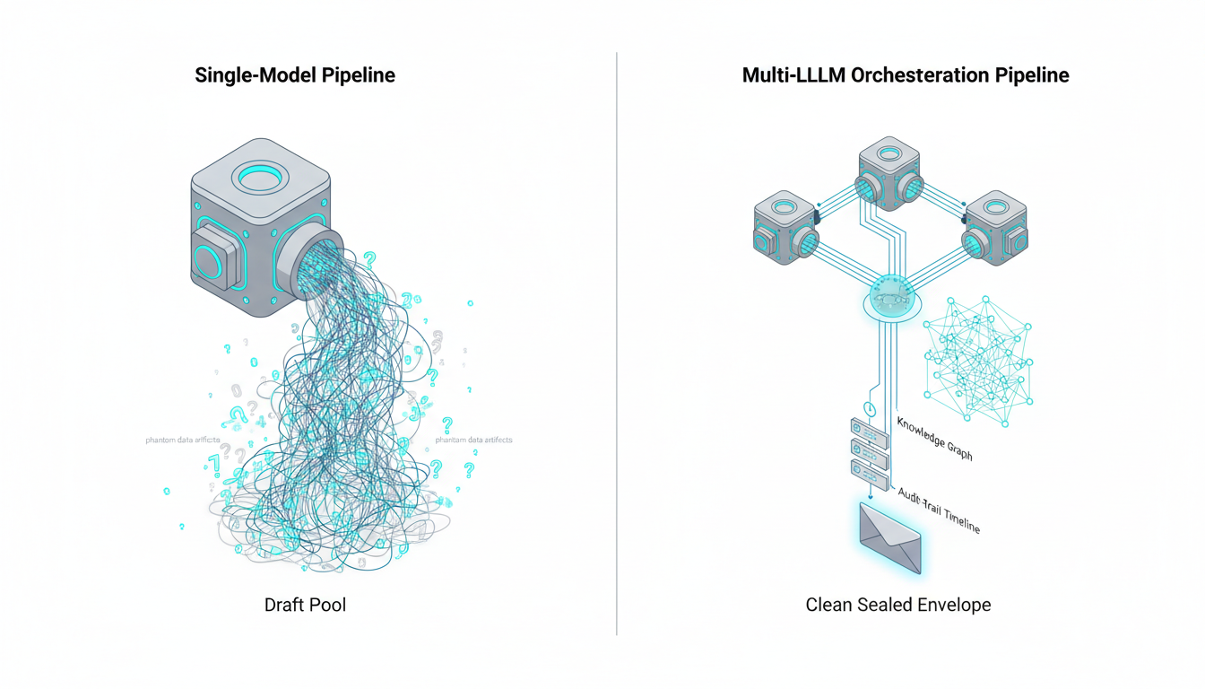 Migration Path: Parallel testing visual — Split composition isometric layout: left panel shows a single-model pipeline: one large monolithic engine spitting out a messy draft with scattered phantom data artifacts (abstract floating numbers and question-mark-like glyph shapes), right panel shows a multi-LLM orchestration pipeline: multiple smaller engines feeding into a fusion synthesizer node, then through a Knowledge Graph (represented as a structured node map) and an audit-trail timeline (stacked timestamp chips) before producing a clean sealed envelope. Use white background, consistent illustration style, subtle cyan accents (#00D9FF 10–20%), no text, 16:9 aspect ratio