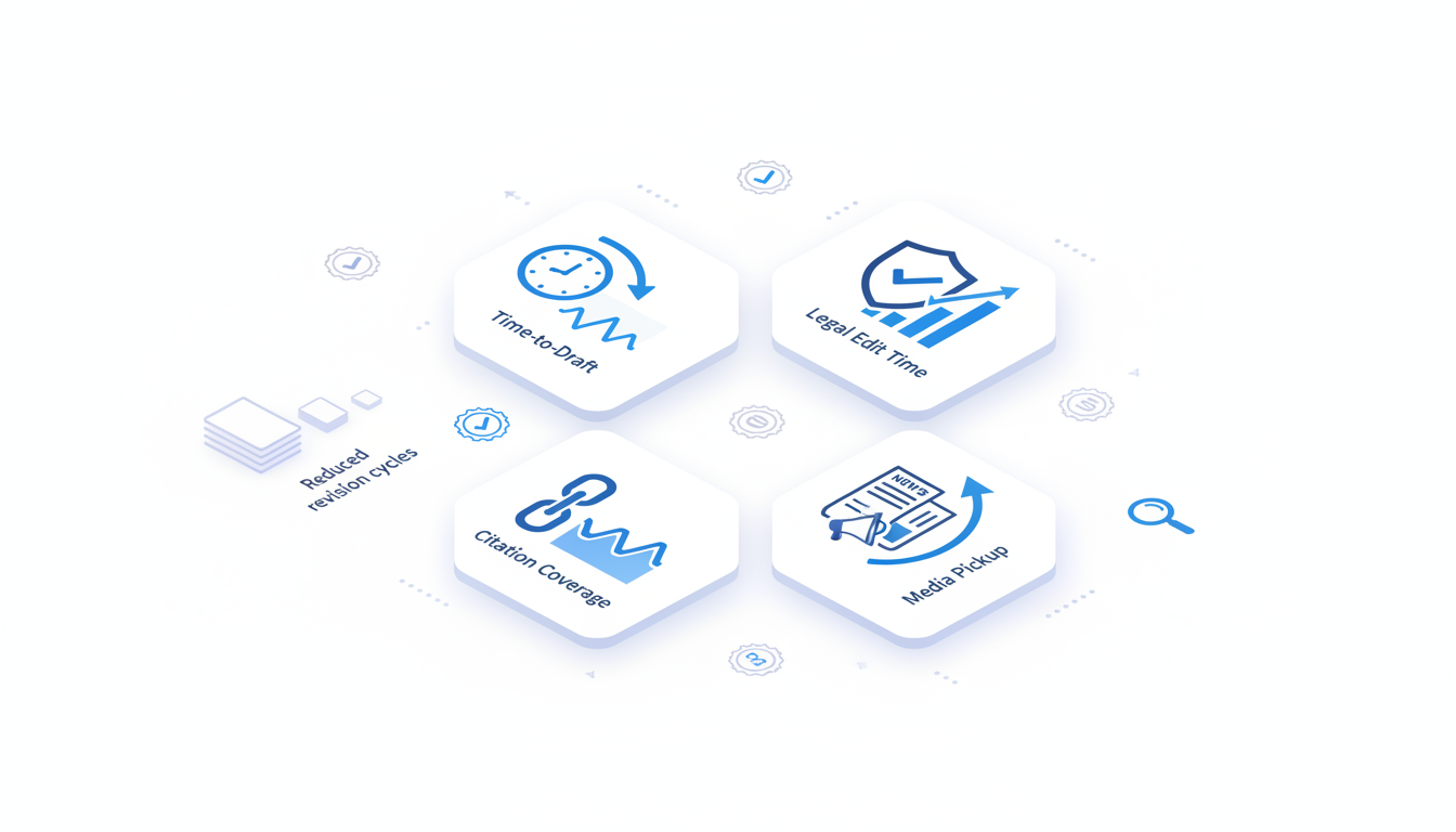 KPI Framework for Measuring Success — article-specific metrics board: A professional isometric dashboard composed of four large metric tiles (icon-only): a clock with downward arrow for Time-to-Draft, a shield with a check overlay for Legal Edit Time, a linked-chain icon for Citation Coverage, and a rising newspaper/megaphone icon for Media Pickup — each tile shows an abstract bar or sparkline (no numbers or text). Surrounding the tiles are small audit stamps and a shrinking revision-stack graphic to visualize reduced revision cycles. Clean white layout, modern professional illustration, subtle #00D9FF accents (10–20%), no text, 16:9 aspect ratio
