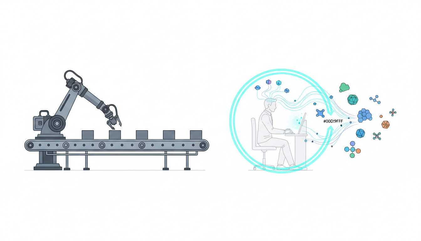Split technical illustration on a white background that visually contrasts two approaches without text: left side depicts 'automation' as a precise, mechanical assembly (a robotic arm and uniform, identical process nodes on a conveyor) rendered in muted greys; right side depicts 'augmentation' as a human professional linked to a diverse network of model nodes and a cyan validation ring (#00D9FF) that ties outputs together. Use different visual language for each side (rigid geometry for automation, organic network and human-centric layout for augmentation). Clean linework, subtle shadows, no text, 16:9 aspect ratio
