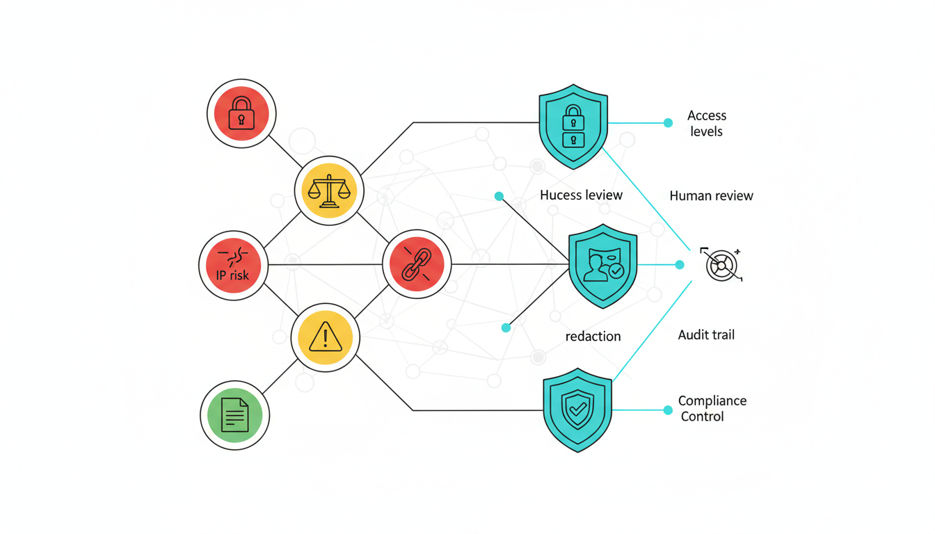 Technical infographic-style illustration on white showing a left cluster of risk nodes (graphical icons for privacy lock, imbalance scale for bias, broken chain for IP risk, exclamation/alert for hallucination, document for compliance) color-coded red/yellow/green to reflect severity, each connected by thin black lines to right-side control mechanisms (shield-shaped control icons, tiered padlocks for access levels, an audit-log reel, a human reviewer silhouette with a verification accent, and a redaction mask). A subtle knowledge-graph weave (nodes and edges) runs behind both clusters to show relationships. Cyan highlights (#00D9FF) appear on control elements and the knowledge-graph connections, clean linework, no text, 16:9 aspect ratio
