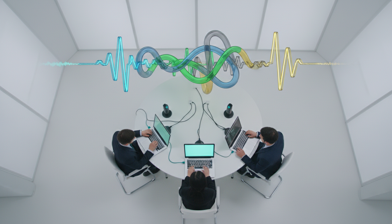How AI meeting notes actually work (and where they break): overhead shot of a real meeting in progress — three people around a small table with laptop screens and conference mics; above the table a semi-transparent 3D audio waveform ribbon floats, colored bands emanating from each speaker (distinct hues) that tangle and fade where jargon and ambiguity occur (visible as knotted, muted-gray segments), one laptop shows a faint cyan glow indicating transcript processing, professional modern photography style with controlled studio lighting, white background elements and subtle cyan (#00D9FF) accents on cables and screen glow, no text or UI labels, 16:9 aspect ratio