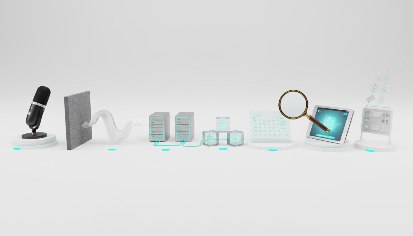 Building a reliable AI meeting notes pipeline: a staged, tactile assembly-line scene photographed in a clean studio — from left to right: a sleek conference mic on a small platform (Capture), a desktop acoustic panel and a cleaned audio waveform sculpture (Preprocess), three small server units with soft cyan indicator lights connected to three distinct model 'nodes' represented by glass cubes (Orchestrate), a magnifying glass over a translucent checklist of tiny non-readable symbols (Validate), and on the far right a polished tablet ejecting miniature task cards that float toward a toy project board (Output/Bridge) — professional product photography, balanced composition, white background with brand cyan (#00D9FF) used as subtle indicator lights and tabs, no visible text or readable labels, 16:9 aspect ratio