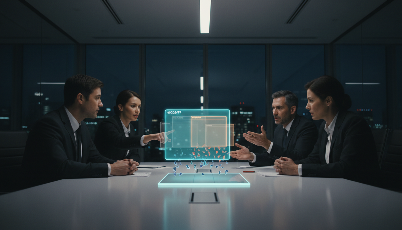 Case study visualization — Investment committee with conflicting views surfaced by multi-LLM orchestration: cinematic wide-angle boardroom scene with four committee members mid-discussion, center of table holds a transparent tablet projecting three layered translucent panes hovering above it — each pane tinted differently (cool cyan, warm amber, neutral gray) representing divergent model interpretations; small floating evidence shards (non-text glyph-like fragments) align beneath each pane pointing to the origin of the claim, one pane marked by a faint cyan edge (#00D9FF) to indicate majority consensus while another slightly separated pane implies minority report, dramatic but professional lighting, no text, naturalistic expressions and gesture, 16:9 aspect ratio