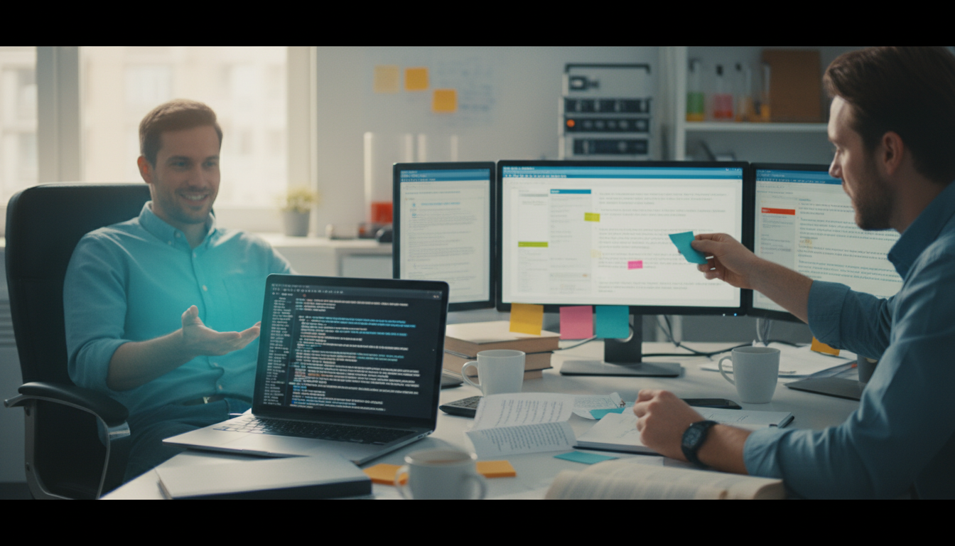 Why Single-Model Research Tools Create Risk — staged documentary-style workstation photo: left side shows one laptop with a single blurred model output and a researcher leaning back with a confident posture; right side shows three separate monitors/tablets each displaying different blurred summaries and a second researcher pointing at mismatched highlighted passages. On the desk, a printed citation slip is partially torn/peeled (metaphor for a hallucinated citation) and sticky tabs mark contradictions (no visible text). Subtle cyan backlight on one monitor and a cyan sticky tab (~10–15% accent). Natural, professional lighting, cinematic but documentary realism, 16:9 aspect ratio