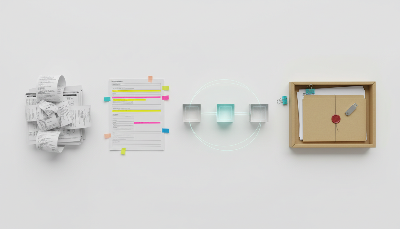 A Step-by-Step Workflow for Reliable AI Research — overhead flatlay photograph that visually encodes the workflow sequence: leftmost cluster of printed search receipts and database query printouts (blurred, no readable text) for retrieval; next an open paper with highlighted passages and colored sticky notes for summarization; center stage three small translucent cubes in a row, each glowing faintly and connected by delicate fiber‑optic light strands (visual metaphor for sequential multi-AI orchestration and cross‑verification); rightmost an archival box with a sealed evidence folder and a small USB drive representing reproducibility logs. Subtle cyan glow inside the middle cube and a cyan binder clip as brand accents (~10%). Clean white background, shallow depth of field with clear left-to-right visual flow, 16:9 aspect ratio