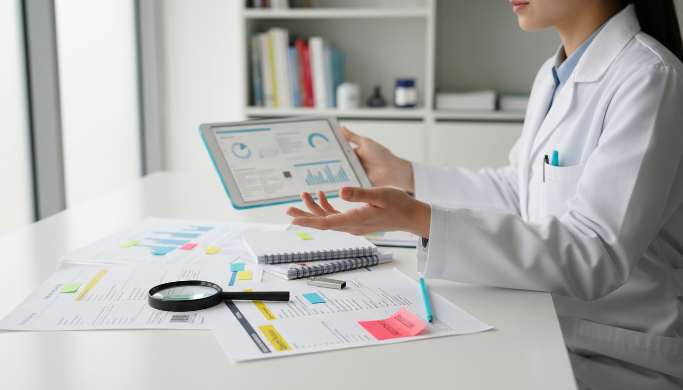Example: Literature Review on a Medical Intervention — clinical research table photograph: a clinician in a lab coat reviews a tablet showing blurred charts while several printed randomized‑trial PDFs lie open with highlighted efficacy rows and colored sticky flags marking adverse‑event passages (no readable text). A magnifying glass inspects a barcode/DOI area on one paper (barcode visible but no text), a small stack of reproducibility logs and a USB drive sits nearby, and a red flag sticky note marks a paper for escalation (no words). Subtle cyan accent on the tablet bezel and a thin cyan binder clip (~10% color), soft natural lighting, professional clinical‑research mood, 16:9 aspect ratio