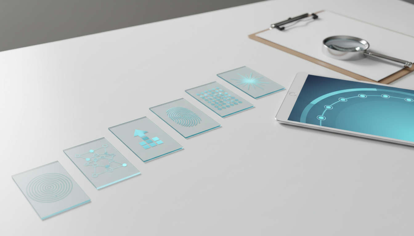 Seven-Step methodology — staged sequential artifacts: Overhead professional photo of seven tactile translucent cards arranged