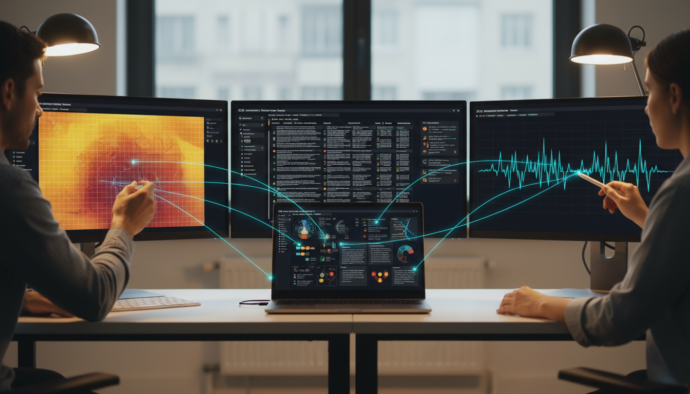 Multi-model orchestration — parallel model review in action: Candid office scene of three adjacent monitors on a single desk,