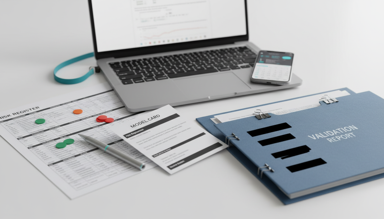 Implementation tools & artifacts — audit-ready workspace close-up: Close-up studio photo of a laptop and printed artifacts on