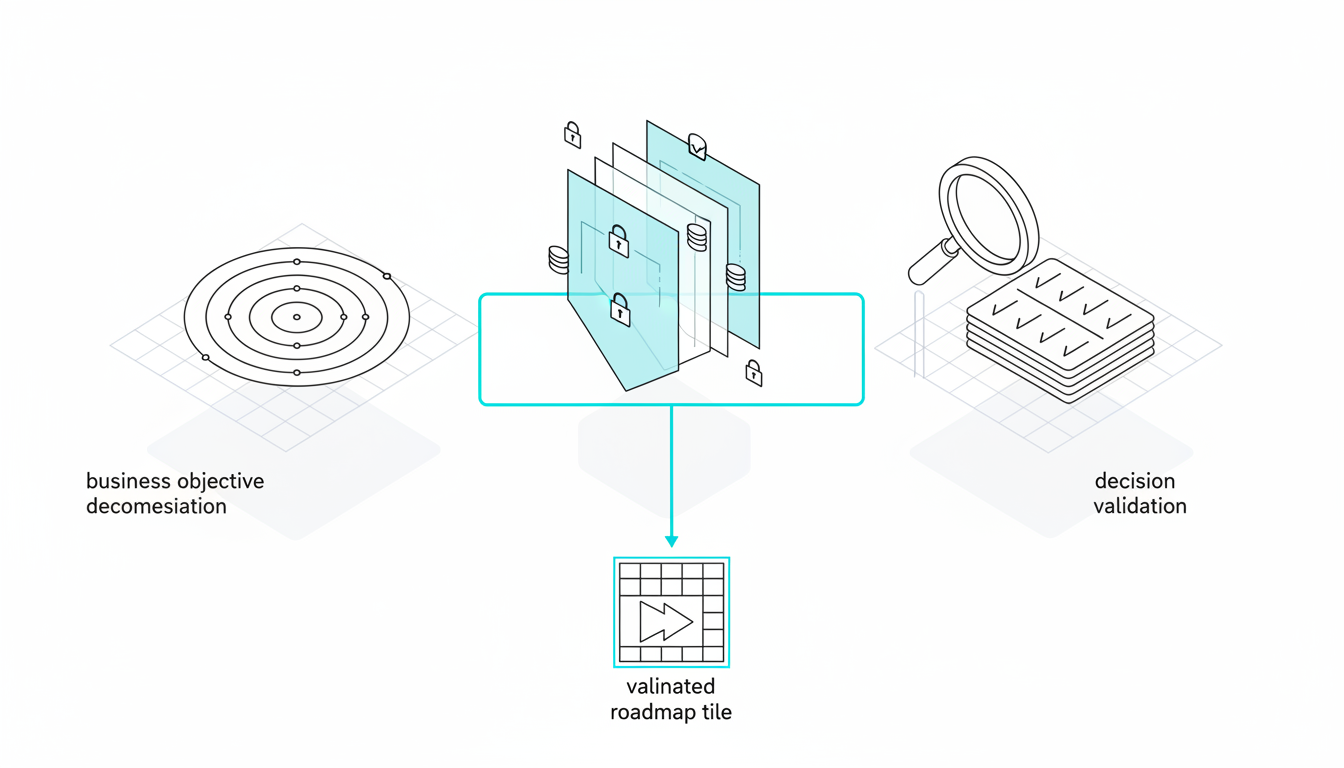 Isometric diagram showing three distinct, interconnected modules floating above a thin grid: 1) a target-like cluster of conc