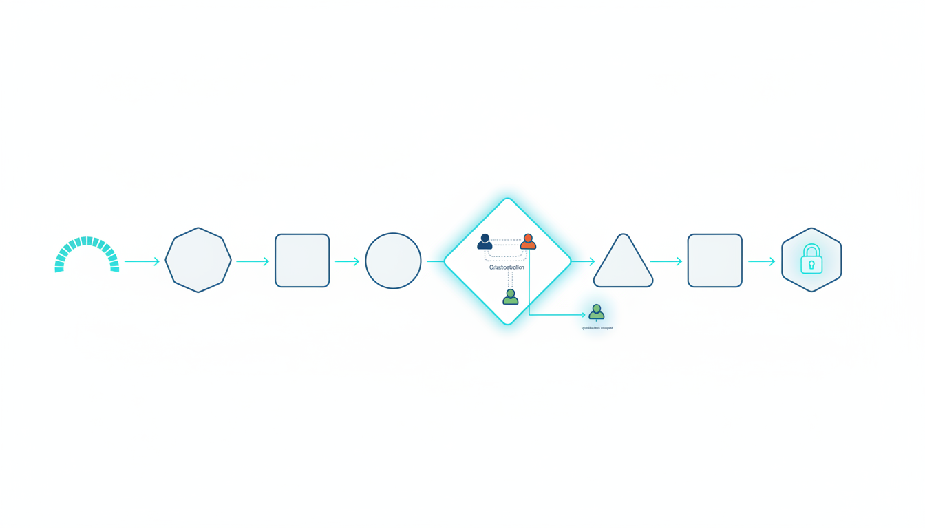 Isometric playbook flow: a horizontal seven-step path of distinct checkpoint tiles (clean geometric shapes) connected by thin