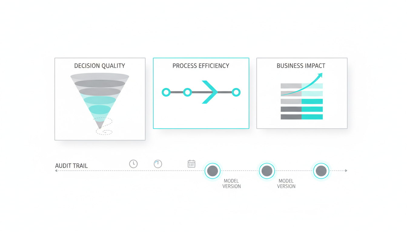 Technical dashboard illustration composed of three aligned metric cards floating in isometric space: left card visualizes 'de