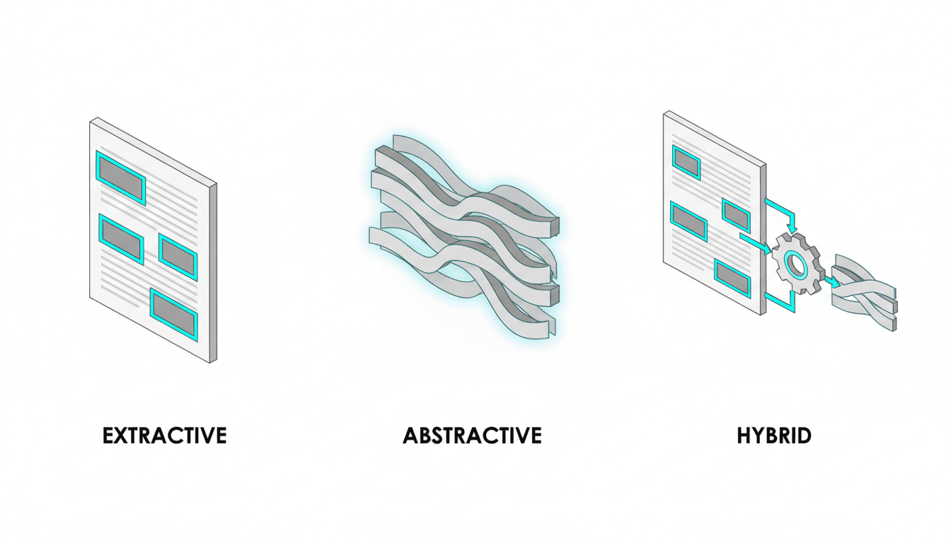 Isometric technical triptych showing three distinct summarization modes in one coherent style: left panel (extractive) shows a document with several exact sentence-blocks outlined and preserved in full-opacity gray blocks; middle panel (abstractive) shows flowing ribbons of paraphrased lines that form a clean readable paragraph shape; right panel (hybrid) shows a pipeline where selected sentence-blocks feed into a short rewritten ribbon that combines them — use cyan #00D9FF to highlight the preserved key sentences and connecting arrows, neutral grays for supporting elements, white background, no text or labels, clear visual distinction so this image could only illustrate the three-method comparison in this article, 16:9 aspect ratio