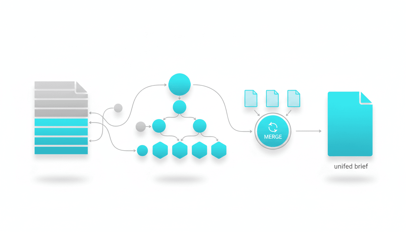 Technical illustration of long-document workflows: left side shows a tall document icon sliced into sequential horizontal chunks (some chunks fade slightly to indicate lost detail), arrows lead from chunk strips into a hierarchical tree of summarized nodes (small nodes combine into larger nodes), right side shows multiple document thumbnails feeding into a deduplication merge node that produces a unified brief — use cyan #00D9FF selectively to mark preserved/high-confidence nodes, soft gray for faded/lost chunks, subtle drop shadows, white background, no textual labels, composition that emphasizes chunking, hierarchy, and cross-document merging for synthesis, 16:9 aspect ratio