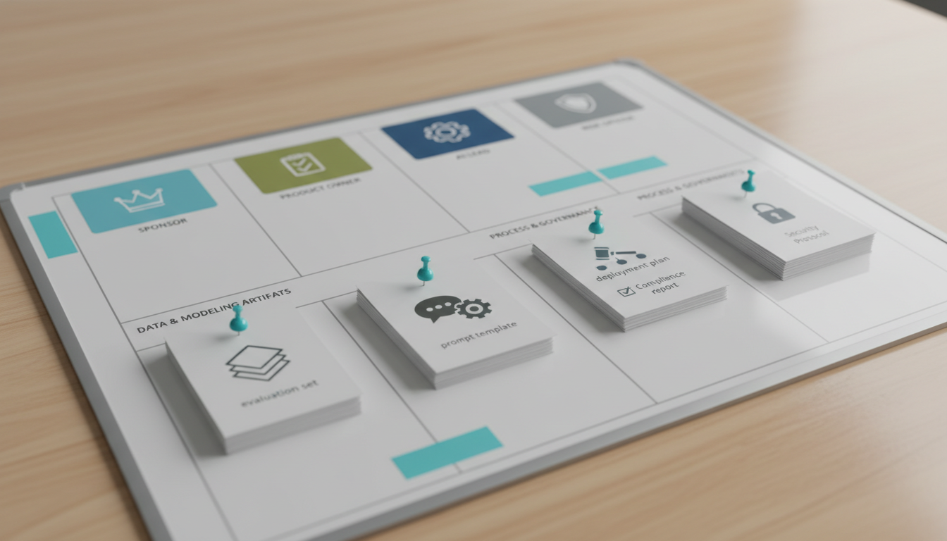 AI Operating Model Canvas — role-and-artifact tabletop: Overhead photorealistic scene of a whiteboard-style canvas laid on a 