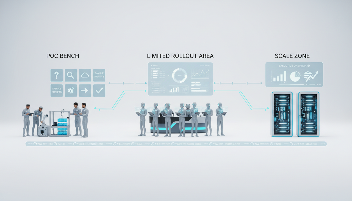 Pilot-to-Production Pathway — staged progression: Photorealistic panoramic scene showing a clear three-stage workflow on a wh