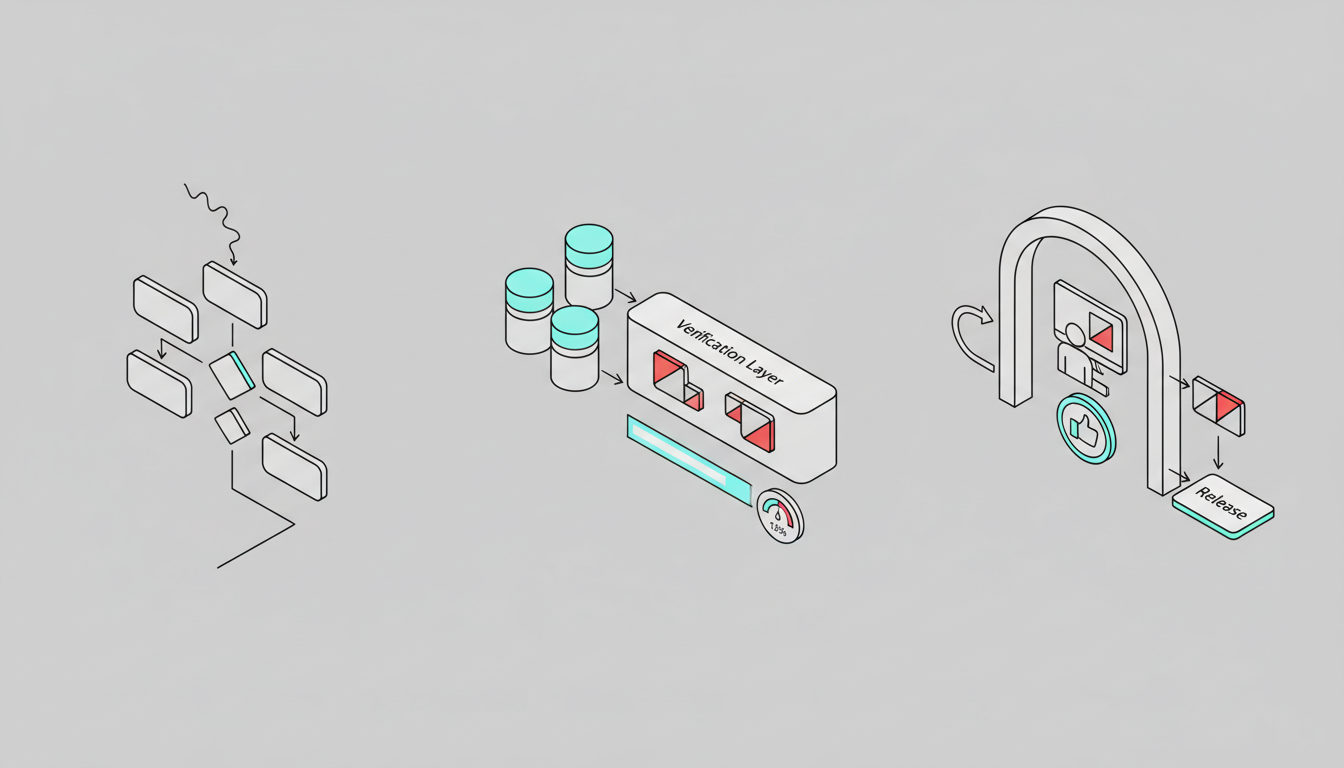 Sequential isometric storyboard of a single workflow pipeline: left panel shows process mapping with sticky-note-like boxes and decision points (iconic shapes only), middle panel shows orchestration where multiple model opinions flow into a verification layer that highlights disagreement as a red/gray split, and right panel shows an approval gate where a human operator examines flagged items before release, use thin black outlines and soft neutrals with cyan accents (hex #00D9FF) on verification ribbons and confidence meters (subtle, ≈12%), include visual cues for fallback patterns (loop arrow returning to human), no text, professional technical illustration, 16:9 aspect ratio