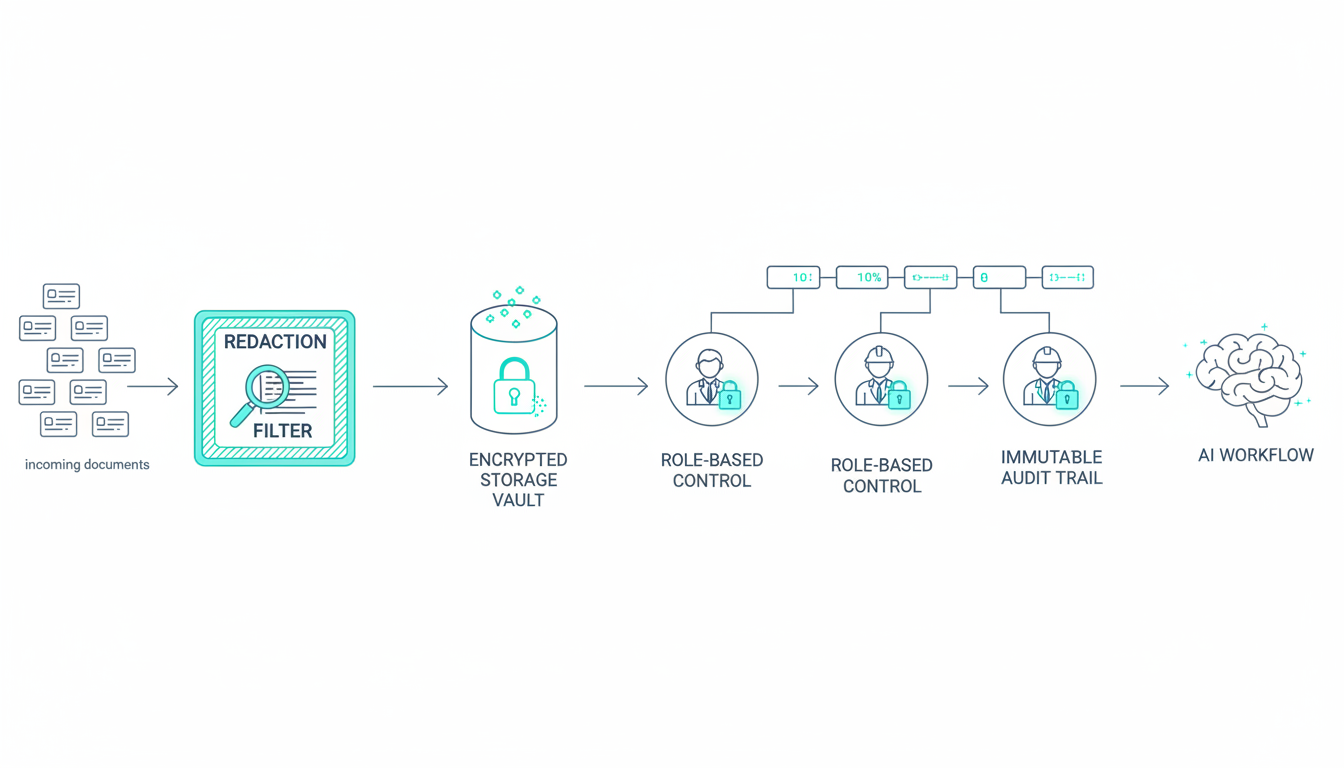 Clean technical illustration of governance controls for AI workflows: a secure data pipeline where incoming documents pass through a redaction filter, encrypted storage vault, role-based access control nodes (distinct user icons with lock overlays), and an immutable audit trail represented by a chained ledger; include subtle cyan accents (hex #00D9FF) on compliance highlights (≈10%), white background, thin precise linework, visual emphasis on PII redaction and auditability, no text, professional modern technical style, 16:9 aspect ratio