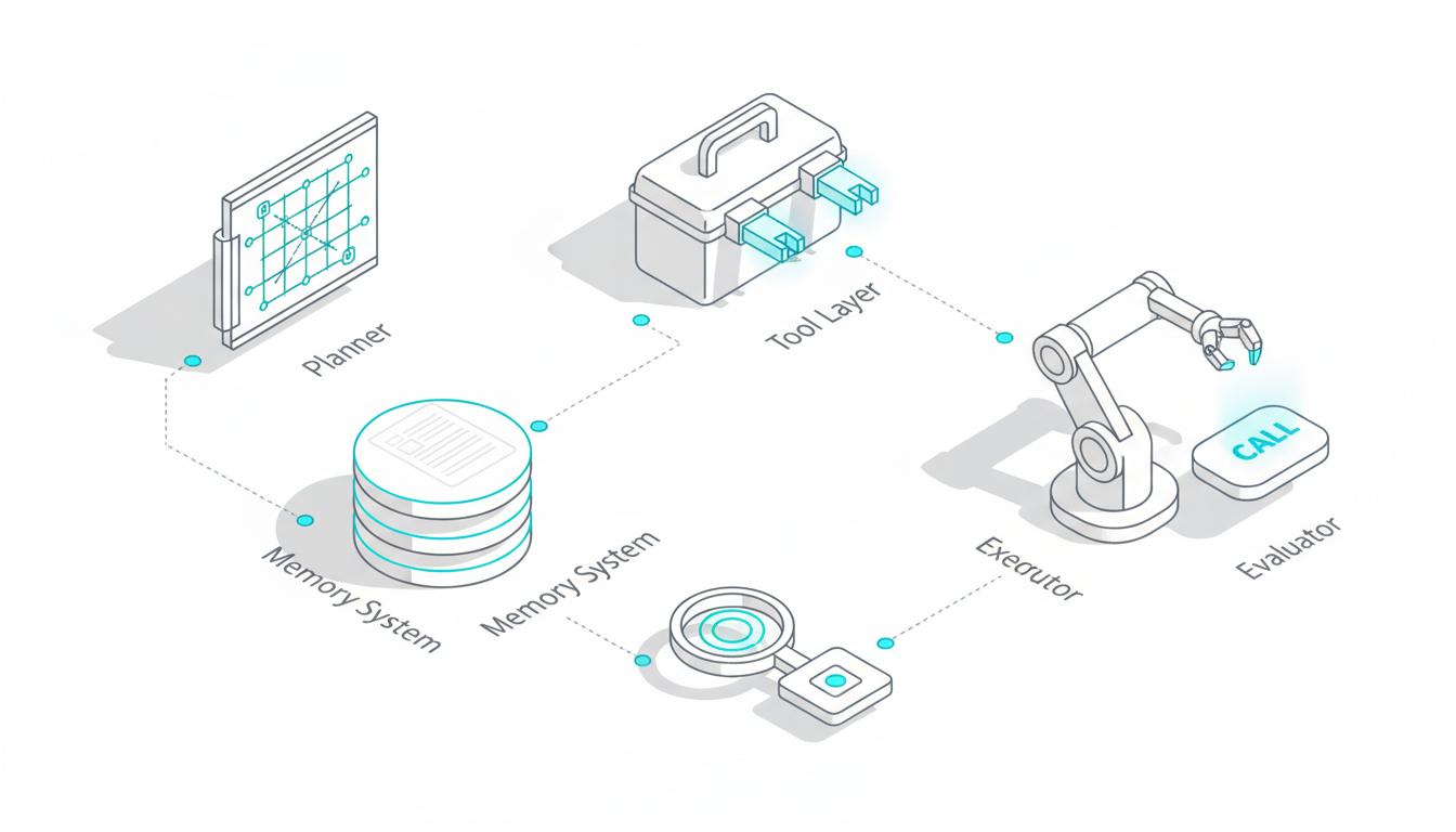 Isometric technical diagram visualizing the five core components of autonomy as distinct, non-labeled icons linked by thin da