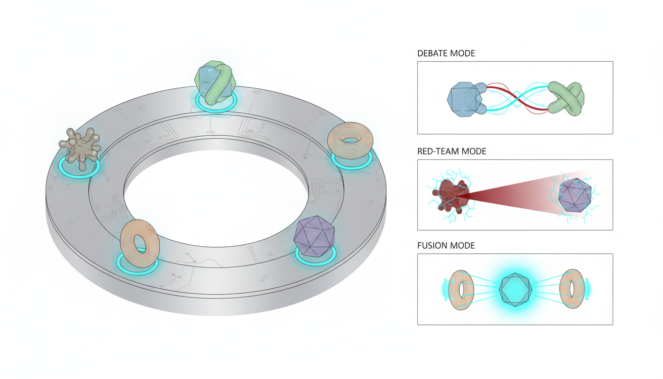 Isometric scene titled by composition (no text) showing a round 'AI boardroom' table formed of concentric rings with five dis