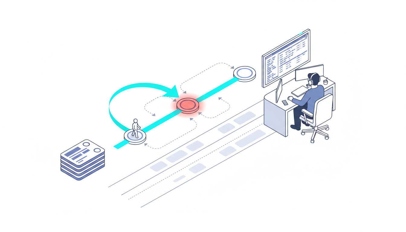 Technical isometric illustration showing an operational pipeline with an agent executing steps left-to-right; mid-pipeline an