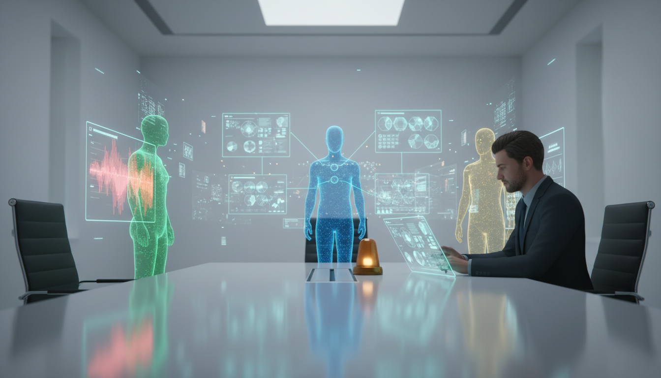 Narrative scene illustrating cross-verification and human-in-the-loop for high-stakes decisions: a low-angle view of a conference table where three holographic model avatars project different colored evidence panels into the air; the human reviewer at the head of the table studies a tablet while an amber escalation beacon softly glows nearby — one hologram shows a visible contradiction ripple to flag disagreement. Photo-realistic 3D illustration treatment with professional modern styling, shallow depth of field, white room with soft ambient light, cyan accent (#00D9FF) appearing on the reviewer’s tablet UI and subtle rim lighting (~10% of image), no text, 16:9 aspect ratio