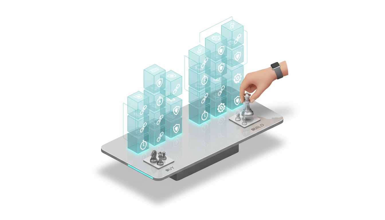 Visual metaphor for the evaluation and build-vs-buy decision: a sleek boardroom scene with a floating translucent grid of criteria tiles (icons only — shield for compliance, stopwatch for latency, chain-link for integration, gear for customization) arranged as weighted columns; a human hand moves a polished chess piece from a vendor pile toward an internal-build pile to indicate decision trade-offs. Clean, minimal composition, isometric-leaning 3D illustration on white background, controlled shadows, brand cyan (#00D9FF) used sparingly on selected tiles and subtle highlights (~10–15% accent), no labels or text, professional modern style, 16:9 aspect ratio