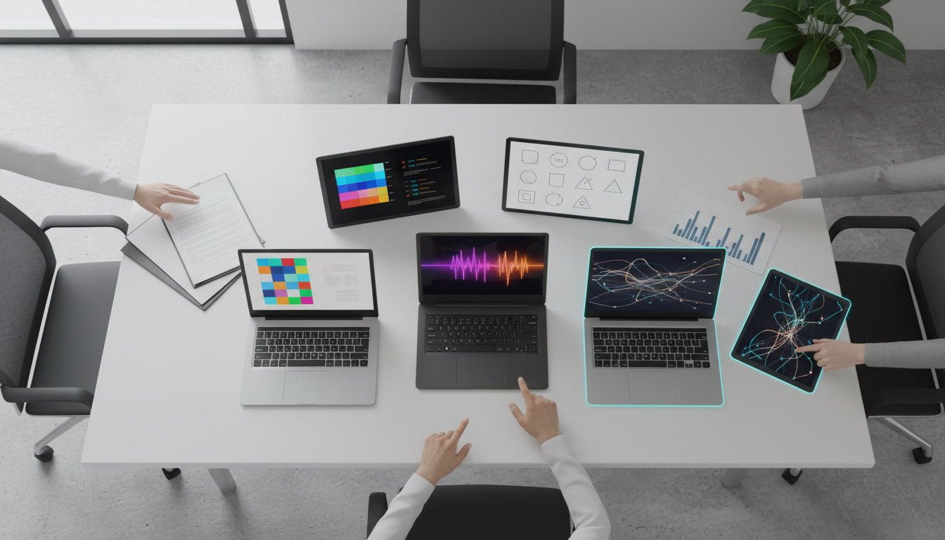 Overhead professional photograph of a modern conference table during a model-validation session: five tablets and laptops arr