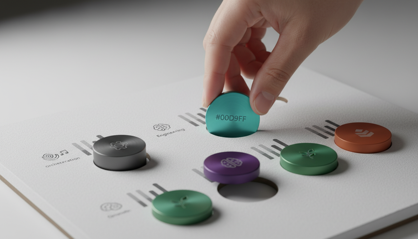 Close-up studio photograph of a tactile evaluation setup: a matte white board with six removable weighted metal discs (differ