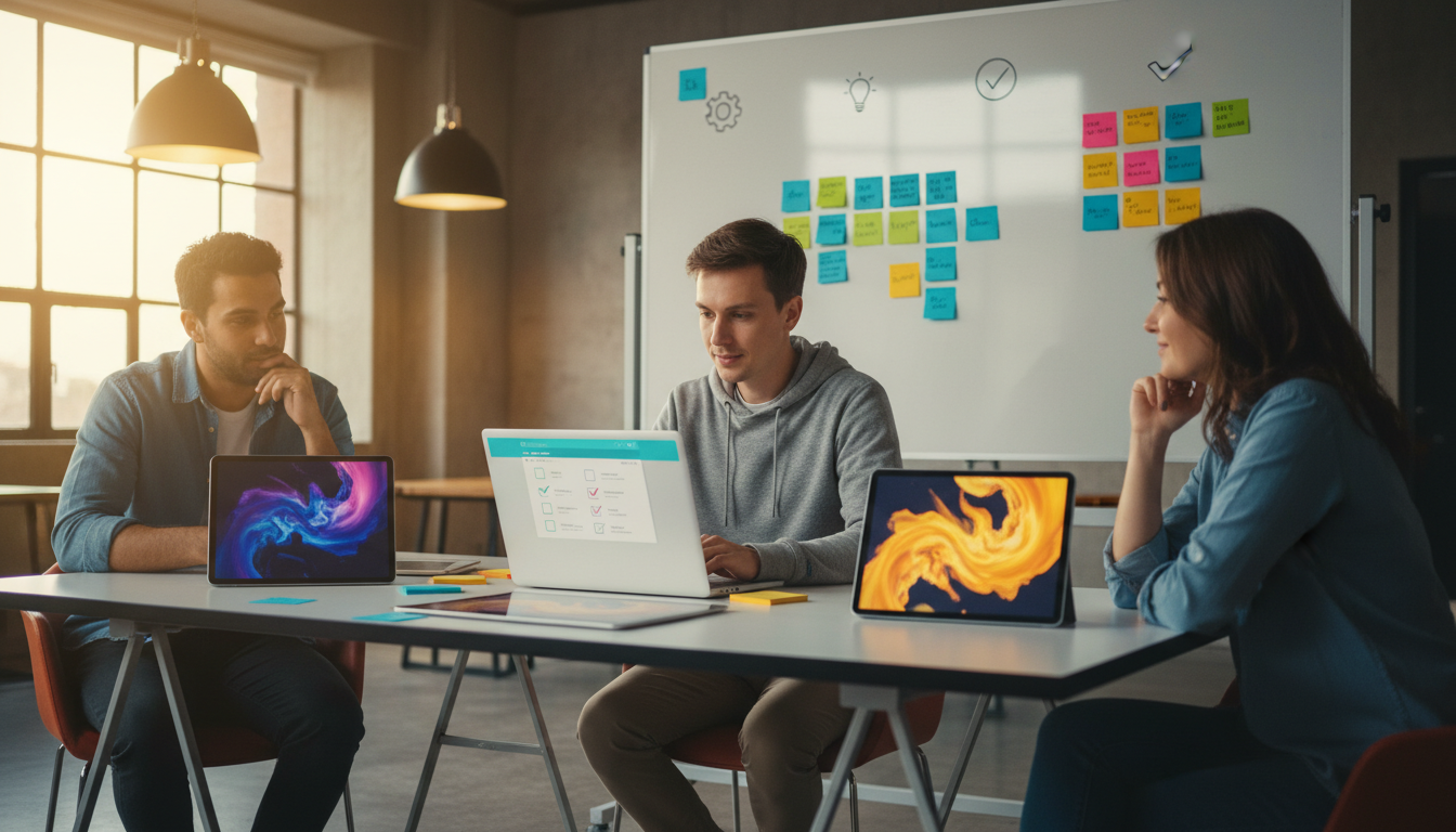 Candid professional photo of a small team running a live 60-minute multi-model bake-off in a modern workspace: one person at 