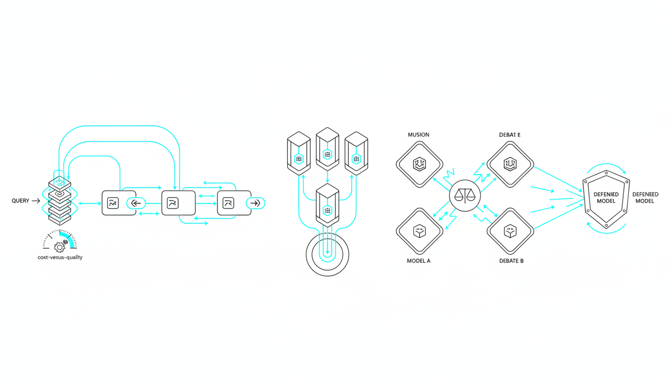 Illustration for 'Trend 1: Multi-LLM Orchestration Goes Mainstream': an isometric technical diagram showing four distinct orchestration lanes side by side — Sequential (a linear chain of model nodes passing a glowing packet forward), Fusion (three parallel model pods converging their outputs into a single synthesis chamber), Debate (two opposing model nodes exchanging bright info pulses with a mediator node in the middle), and Red Team (one adversarial node firing test beams at a defended model). Include a small dynamic routing switchboard that directs queries to different lanes, and a tiny cost-versus-quality dial icon made from shapes (no text). Clean white background, consistent thin black outlines, accent highlights in cyan #00D9FF used sparingly (10–20%), technical illustration style that is specific to orchestration patterns, no text, 16:9 aspect ratio